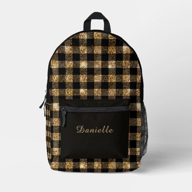 Elegant Black & Gold Plaid Tartan with Custom Name Printed Backpack (Front)