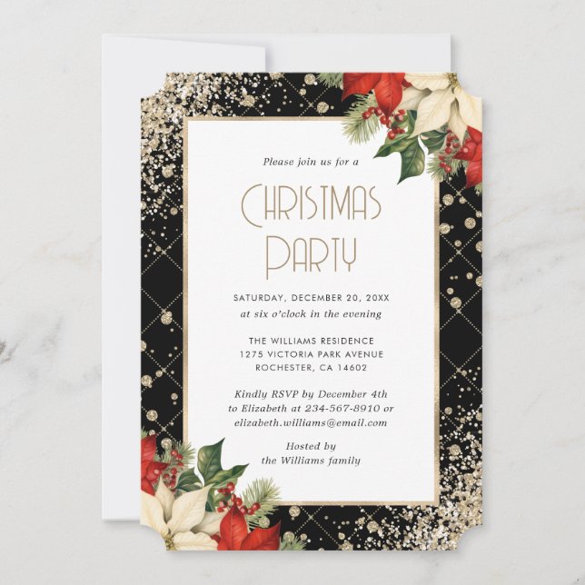 Elegant Black Gold Poinsettia Christmas Party Invitation (Front)