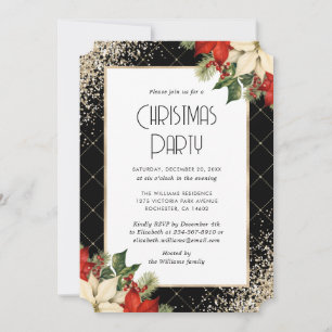 Elegant Black Gold Poinsettia Christmas Party Invitation