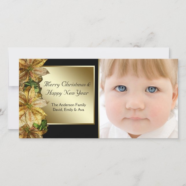 Elegant Black Gold Poinsettia Photo Christmas Card (Front)