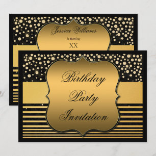 Elegant Black & Gold Polka Dots & Stripes Birthday Invitation