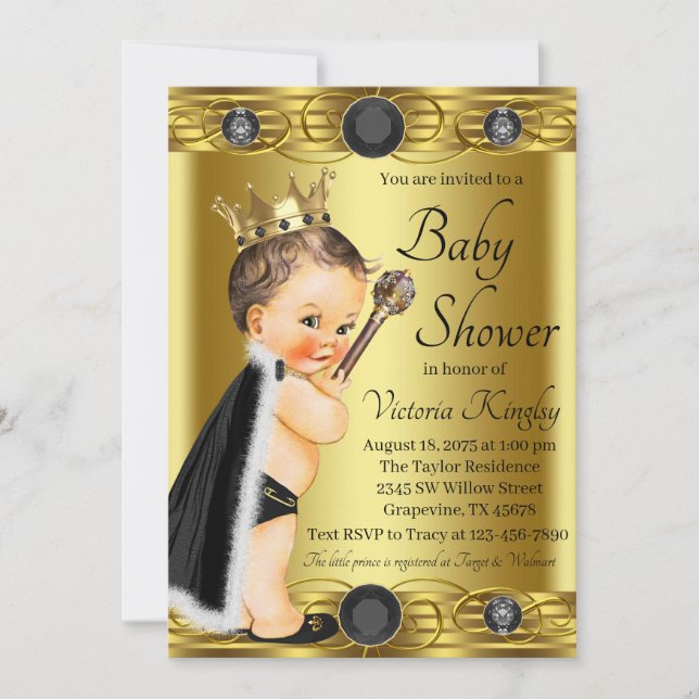 Elegant Black Gold Prince Jewel Baby Shower Invitation (Front)