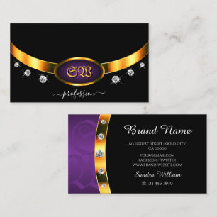 Elegant Black Gold Purple with Monogram Diamonds Business Card
