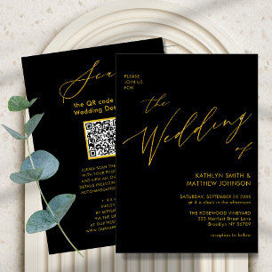 Elegant Black Gold QR Code All In One Chic Wedding Invitation
