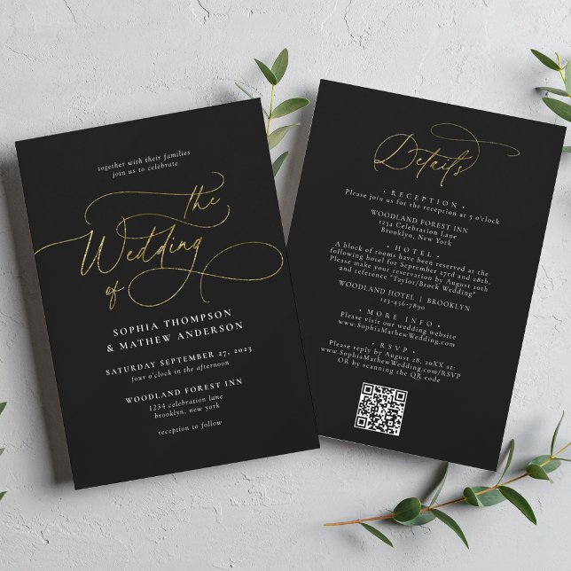 Elegant Black Gold QR Code All in one Wedding Invitation (Creator Uploaded)