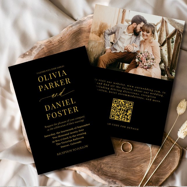 Elegant Black Gold QR Code Classic Photo Wedding Invitation (Creator Uploaded)