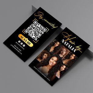Elegant Black Gold Qr Code & Photo Hair Stylist Business Card