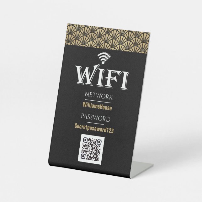 Elegant Black Gold QR Code Wifi Password Network Pedestal Sign (Front)