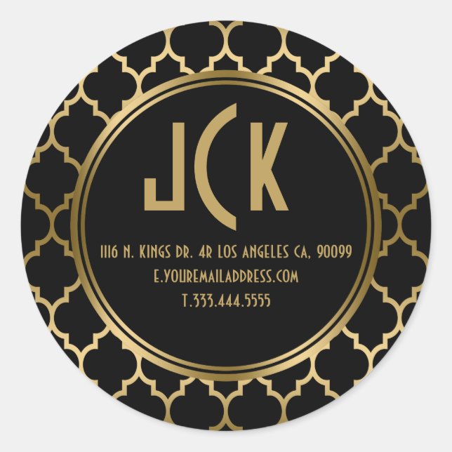 Elegant Black & Gold Quatrefoil Geometric Pattern Classic Round Sticker (Front)