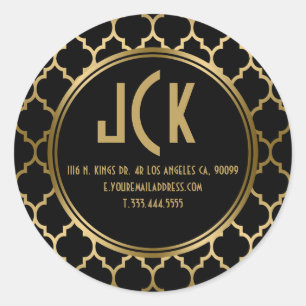Elegant Black & Gold Quatrefoil Geometric Pattern Classic Round Sticker