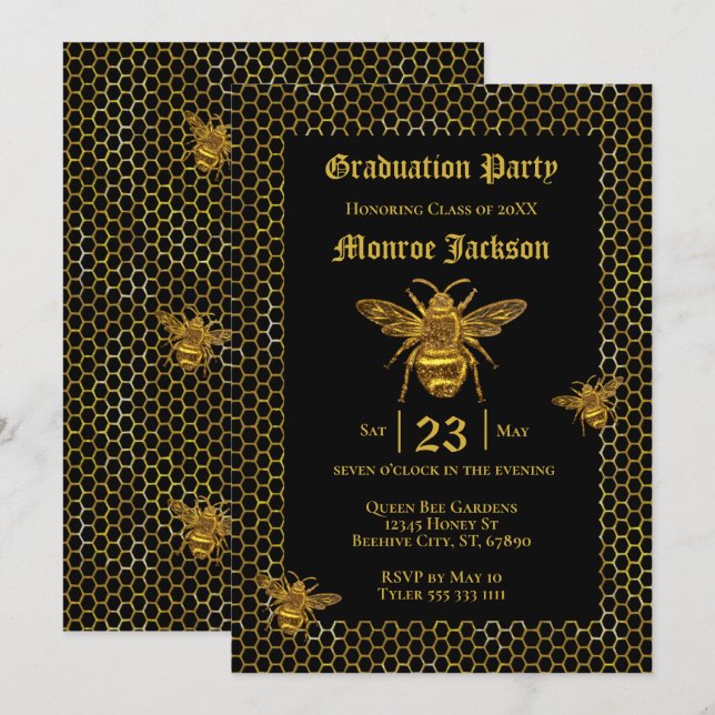 Elegant Black Gold Queen Bee Beehive Graduation Invitation (Front/Back)