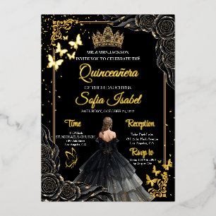 Elegant Black Gold Quinceañera Invite Foil