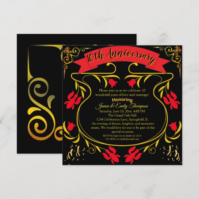 Elegant Black Gold & Red 10th Wedding Anniversary  Invitation (Front/Back)