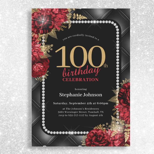 Elegant Black Gold Red Floral 100th Birthday Party Invitation (Mockup View)
