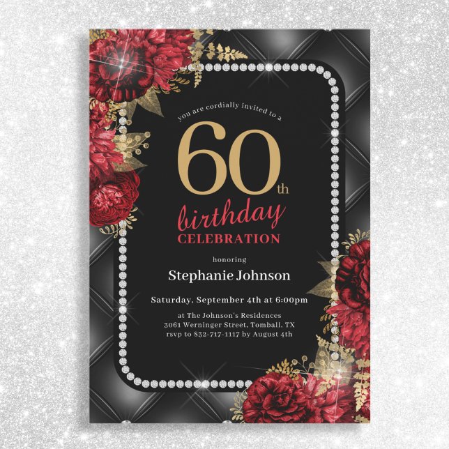 Elegant Black Gold Red Floral 60th Birthday Party Invitation (Mockup View)