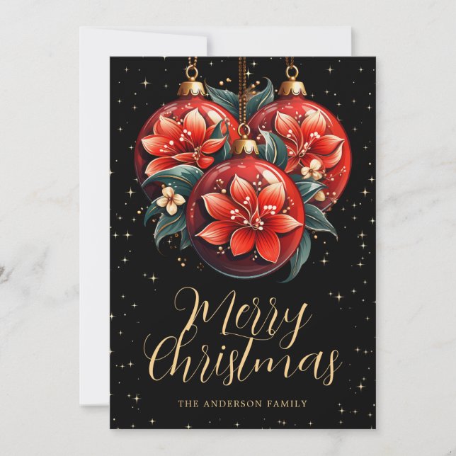 Elegant Black Gold Red Floral Christmas Ornaments Holiday Card (Front)