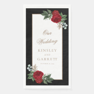 Elegant Black & Gold Red Floral Wedding Napkin