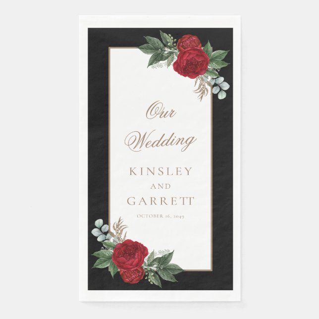 Elegant Black & Gold Red Floral Wedding Napkin (Front)