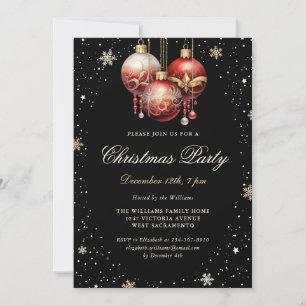 Elegant Black Gold Red Ornaments Christmas Party Invitation