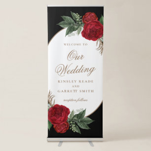 Elegant Black & Gold Red Peonies Wedding Retractable Banner