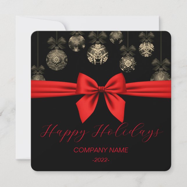 Elegant Black-Gold, Red Ribbon Holiday Card (Front)