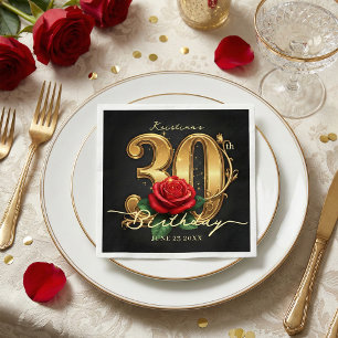 Elegant Black Gold Red Rose 30th Birthday Party Napkin