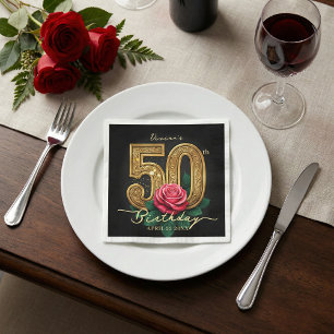 Elegant Black Gold Red Rose 50th Birthday Party Napkin