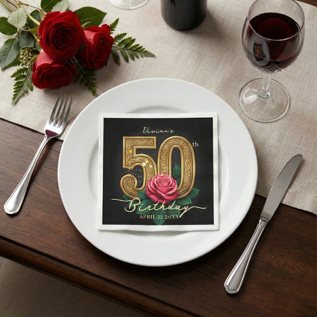 Elegant Black Gold Red Rose 50th Birthday Party Napkin (Creator Uploaded)