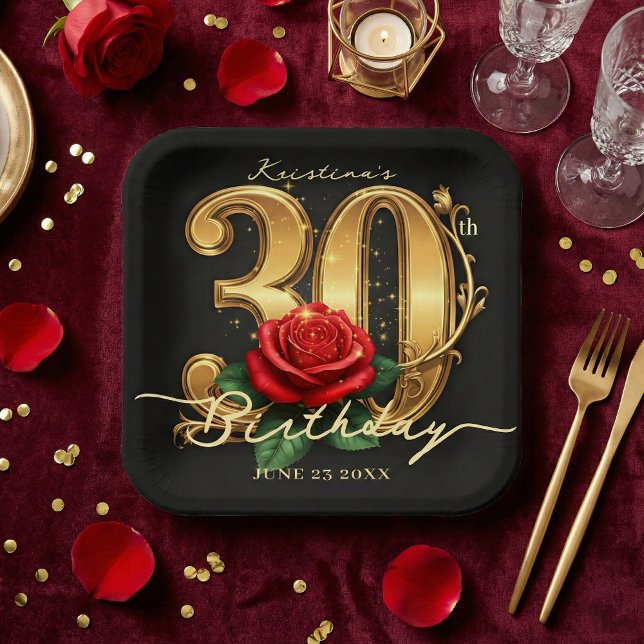 Elegant Black Gold Red Rose Floral 30th Birthday Paper Plate (Creator Uploaded)