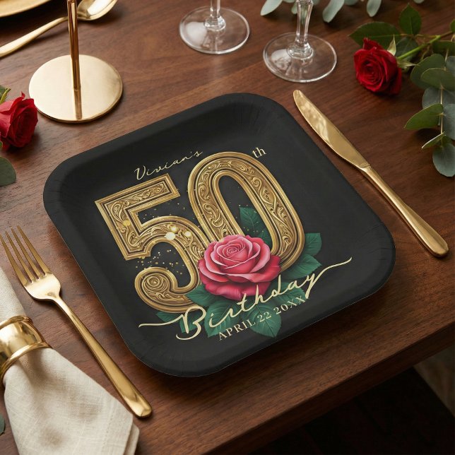 Elegant Black Gold Red Rose Floral 50th Birthday Paper Plate (Creator Uploaded)