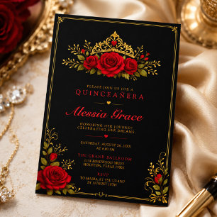 Elegant Black Gold Red Rose Quinceañera Party Invitation