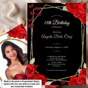 Elegant Black Gold Red Roses 18th Birthday Debut Invitation