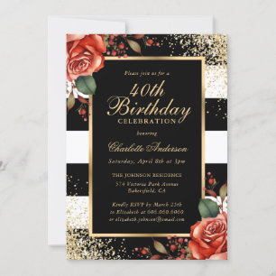 Elegant Black Gold Red Roses 40th Birthday Invitation