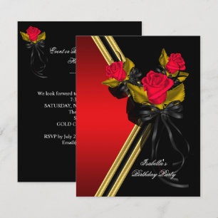 Elegant Black Gold Red Roses Birthday Party Invitation