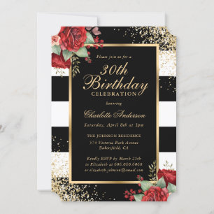 Elegant Black Gold Red Roses Floral 30th Birthday Invitation