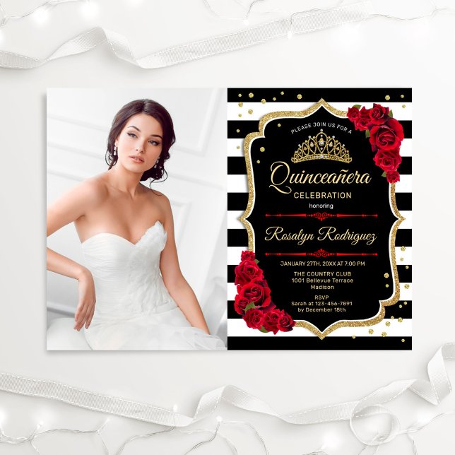 Elegant Black Gold Red Roses Photo Quinceanera Invitation (Creator Uploaded)