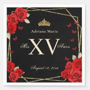Elegant Black Gold Red Roses Quinceanera Napkin