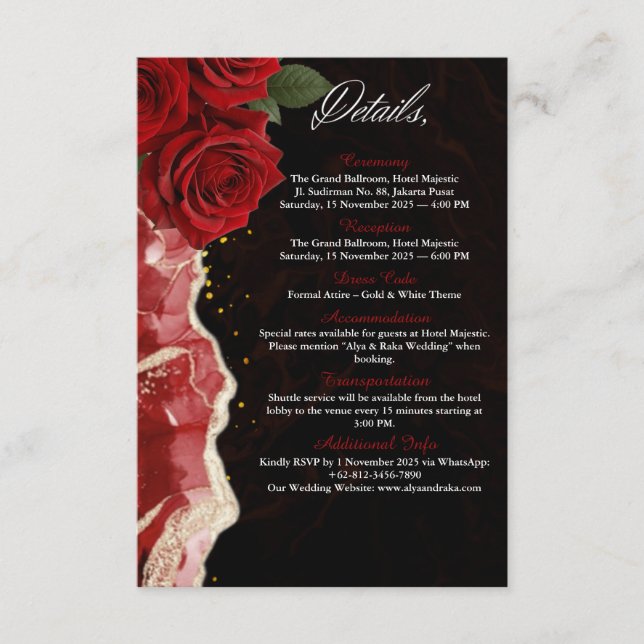 Elegant Black & Gold Red Roses Wedding Details Car Enclosure Card (Front)