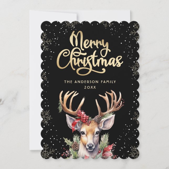 Elegant Black Gold Reindeer Christmas Card (Front)