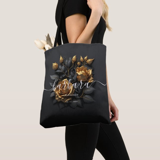Elegant Black Gold Rose Bridesmaid Bachelorette  Tote Bag (Close Up)
