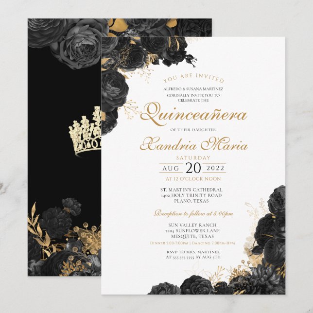 Elegant Black Gold Rose Floral Quinceanera Invitation (Front/Back)