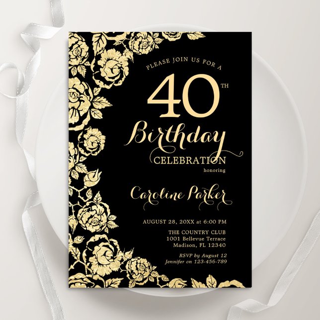 Elegant Black Gold Roses 40th Birthday Party Invitation (Creator Uploaded)