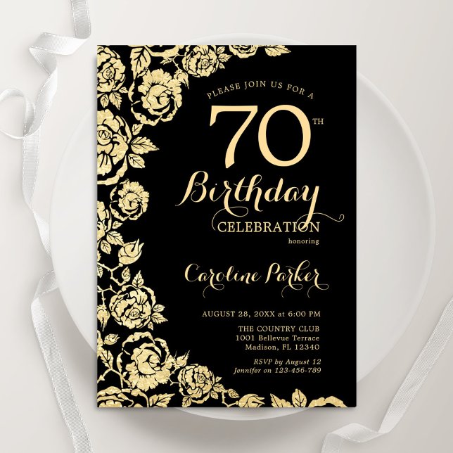 Elegant Black Gold Roses 70th Birthday Party Invitation (Creator Uploaded)