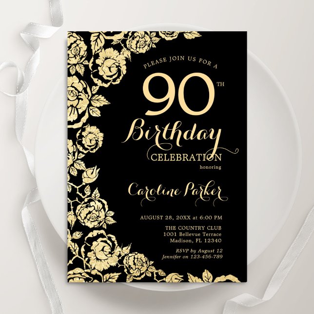 Elegant Black Gold Roses 90th Birthday Party Invitation (Creator Uploaded)