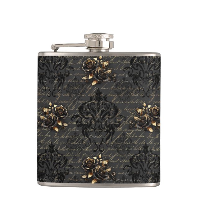 Elegant black gold roses damask gothic hip flask (Front)