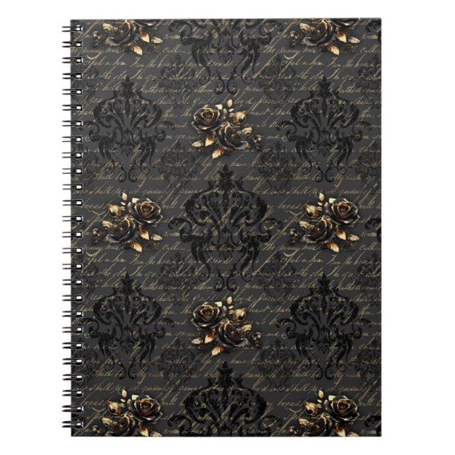Elegant black gold roses damask gothic notebook (Front)