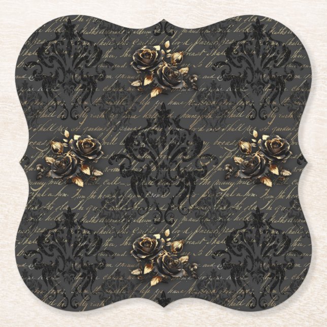 Elegant black gold roses damask gothic paper coaster (Front)