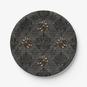 Elegant black gold roses damask gothic paper plate