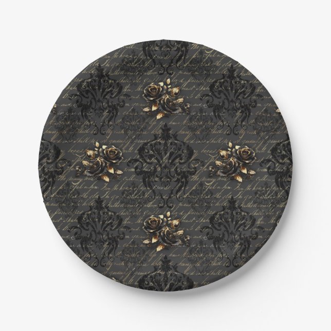 Elegant black gold roses damask gothic paper plate (Front)
