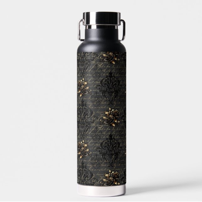 Elegant black gold roses damask gothic water bottle (Front)